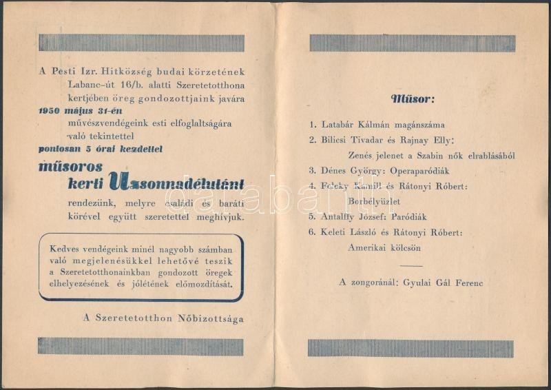 1950 Budai Izraelita Aggok és árvák II. Labanc úti Intézményének Meghívója - Autres & Non Classés