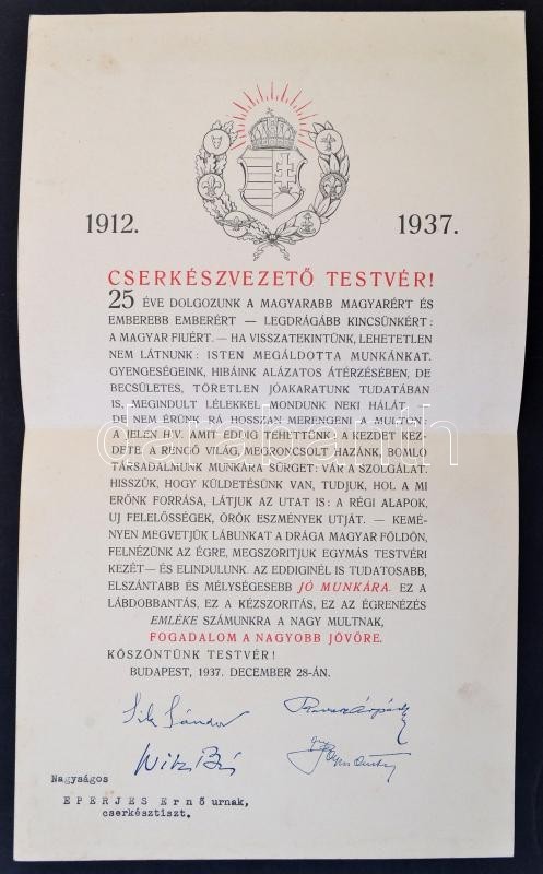 1937 Cserkészvezető Testvér! Emléplap, Sík Sándor, Ravasz Árpád, Witz Béla, Papp Antal Nyomtatott Aláírásaival, Jó állap - Scoutisme