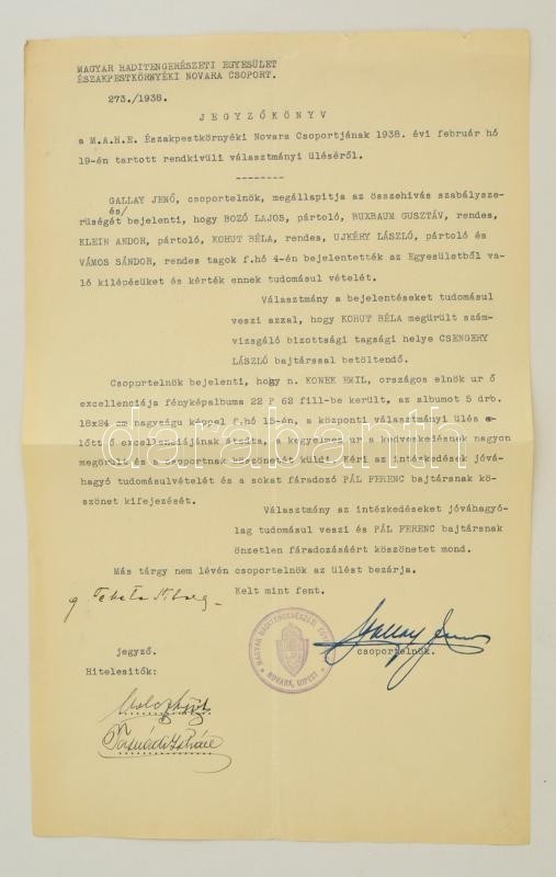 1938 Magyar Haditengerészeti Egyesület Novara Csoportja ülésének Jegyzőkönyve - Other & Unclassified