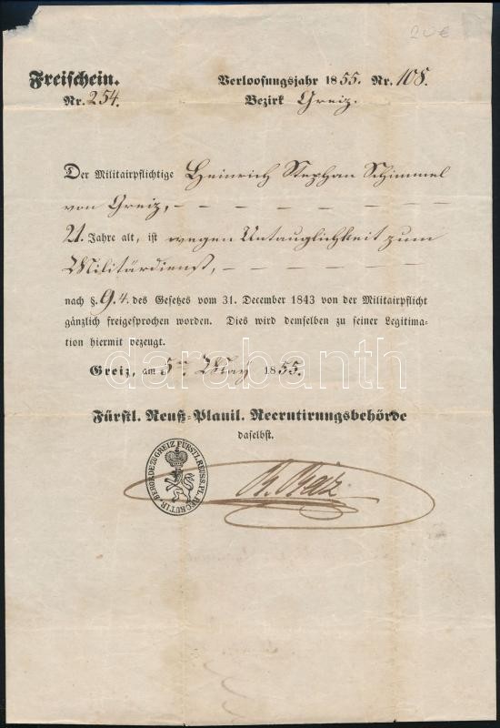 1855 Porosz Hercegség Katonai Szolgálatot Igazoló Okmány / Military Warrant. - Other & Unclassified