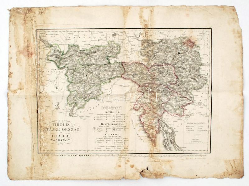 1835 Tirolis, Stájer Ország és Illyria Földképe, Karacs Ferentz, Kissé Viseltes állapotban, 46×33,5 Cm/  1835 Tyrol, Sty - Autres & Non Classés
