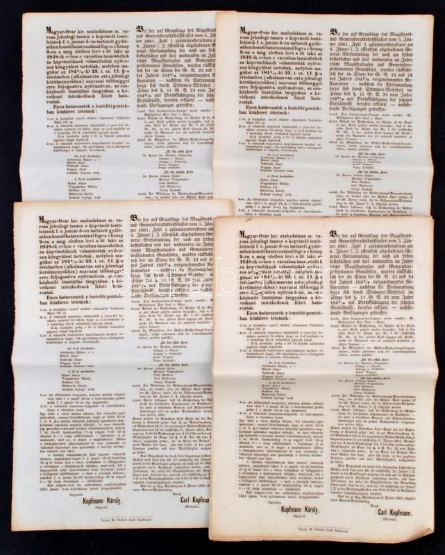 1861 Magyaróvár, Kopfmann Károly Főjegyző Magyar és Német Nyelvű Hirdetménye Közgyűlési Határozatokról, 8 Db - Non Classés