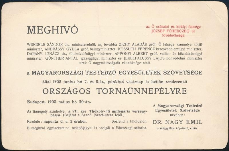 1908 A Magyarországi Testedző Egyesületek Szövetsége Meghívója Országos Tornaünnepélyre - Unclassified