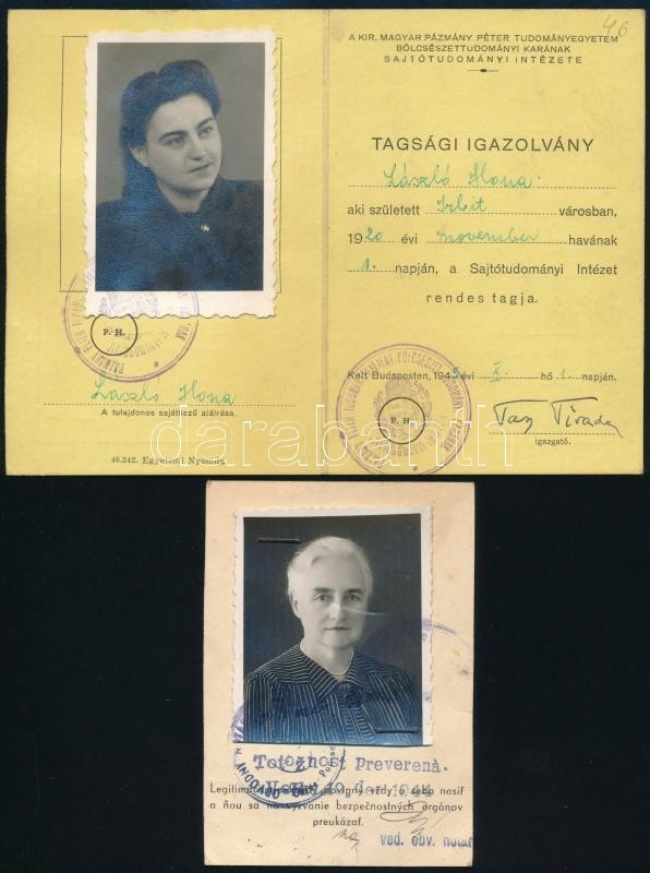 1944-1945 2 Db Fényképes Igazolvány (sajtótudományi Intézeti Tagsági Igazolvány, Szlovák Közjegyzői) - Unclassified