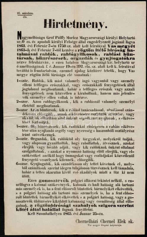 1865 Vas Megyei Rögtönítélő Bíróság Felállításáról Szóló Rendelet Kétnyelvű Hirdetménye, 34x21 Cm / Order About Stataria - Autres & Non Classés