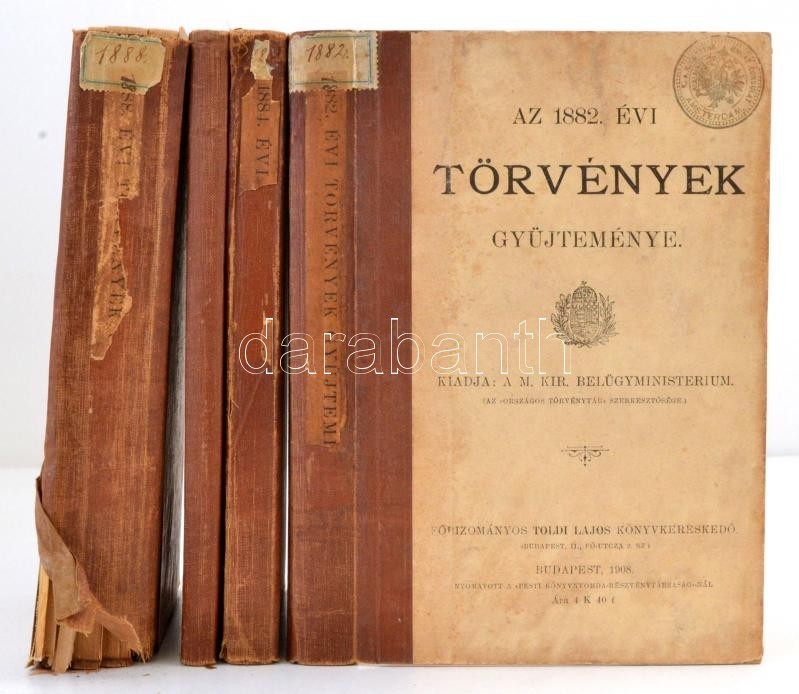 Az 1882, 1884, 1885, 1888. évi Törvények Gyűjteménye. Bp., 1908. Belügyminisztérium. Korabeli  Félvászon Kötésben. Egyik - Unclassified