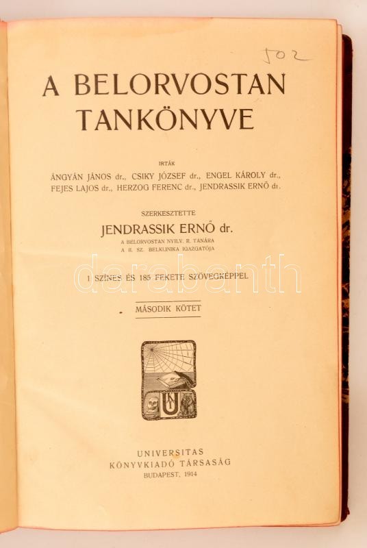 Dr. Jendrassik Ernő (szerk.): A Belorvostan Tankönyve II. Budapest, 1914, Universitas. Kiadói Bordázott Gerincű Félbőr K - Non Classés