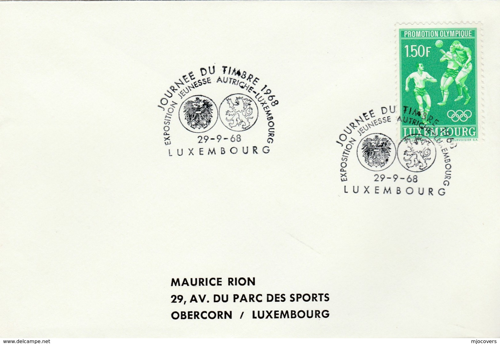 1968 LUXEMBOURG COVER EVENT Pmk HERALDIC LION, AUSTRIA EXPO ,  1.50f OLYMPIC FOOTBALL Soccer Stamps Sport Olympics Games - Covers & Documents