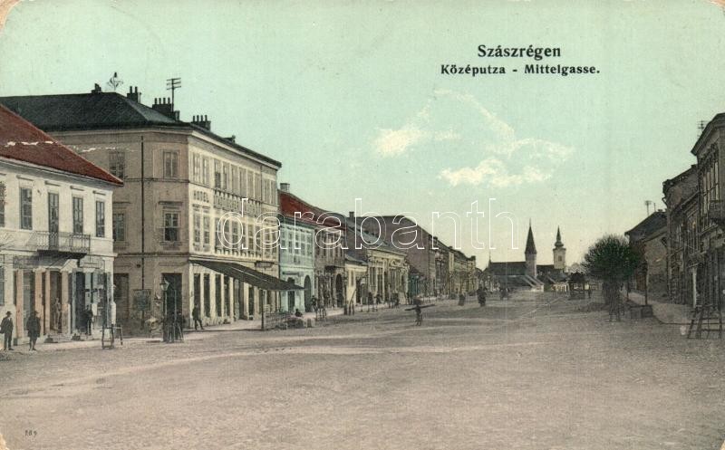 * T3 Szászrégen, Reghin; Közép Utca, Városi Szálloda, üzletek / Mittelgasse / Street View, Hotel, Shops  (Rb) - Unclassified