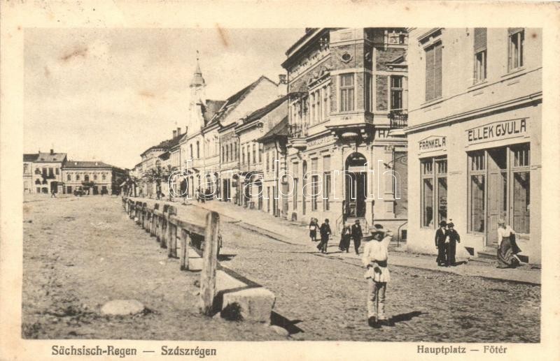 T2 Szászrégen, Reghin; Fő Tér, Fränkel A. és Elek Gyula üzlete / Main Square With Shops - Unclassified