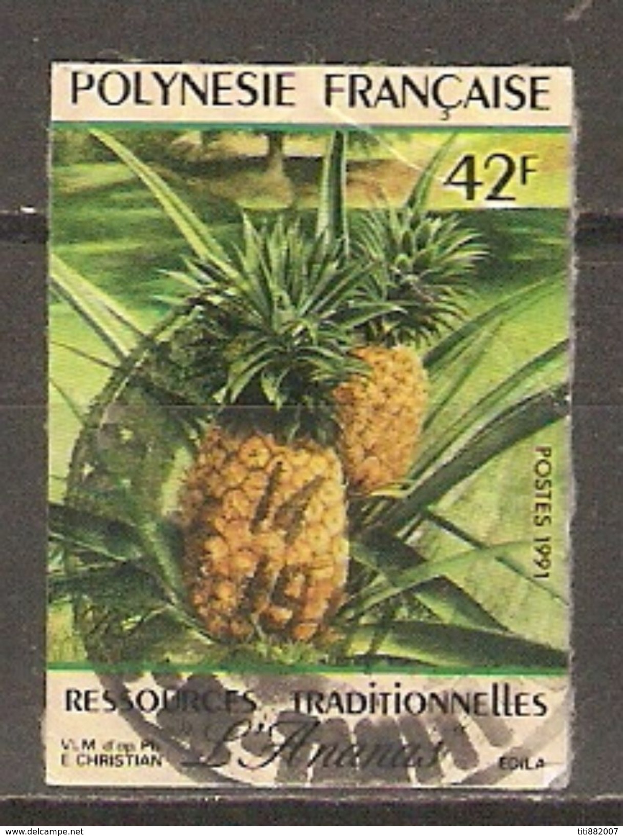 POLYNESIE  Française    -    1991 .    Y&T N° 374 Oblitéré.   Fruit  /  Ananas.   Adhésif Non Dentelé. - Used Stamps