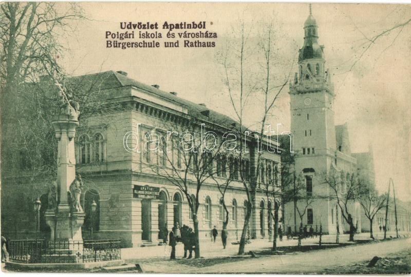 T2 Apatin, Polgári Iskola, Városháza, Bárdos és Brachfeld Villamosmű üzlete / Bürgerschule, Rathaus / School, Town Hall - Unclassified