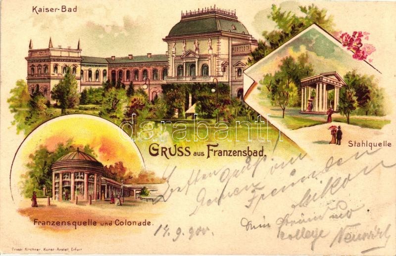 T2 Frantiskovy Lazne, Franzensbad; Kaiser-Bad, Stahlquelle, Colonade; Verlag Friedr. Kirchner / Spa Buildings, Litho - Non Classés