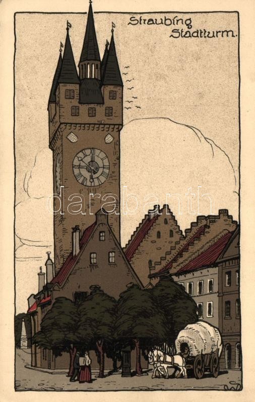 * T1/T2 Straubing, Stadtturm; Künstler Stein-Zeichnung / City Tower, Art Postcard - Unclassified