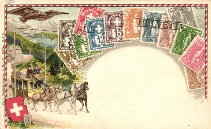 ** T2/T3 Schweizerische Gebirgspost / Swiss Post Carriage, Stamps, Ottmar Zieher's Carte Philatelie No. 39. Litho (EK) - Unclassified