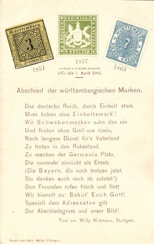 ** T1/T2 1902 Abschied Der Württembergischen Marken; Druck Von Getr. Metz / Württemberg Stamps - Non Classés