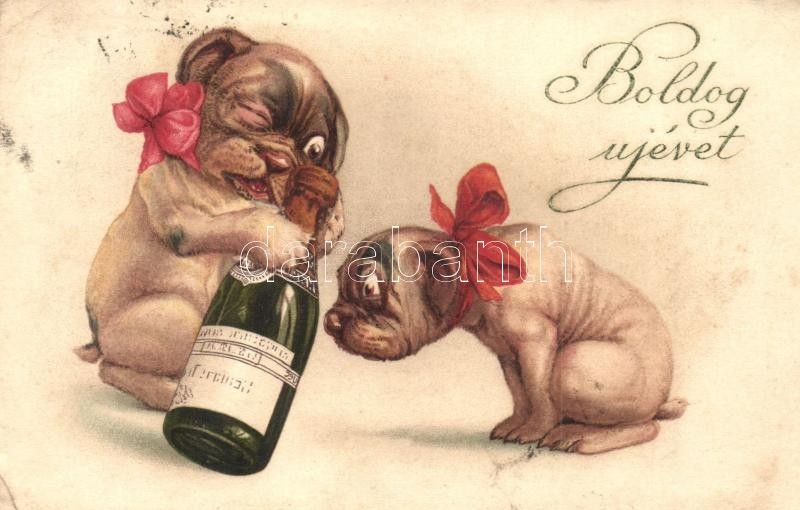 T2/T3 Boldog újévet! / Dogs With Champagne, New Year Greeting Art Postcard. Litho (Rb) - Non Classés