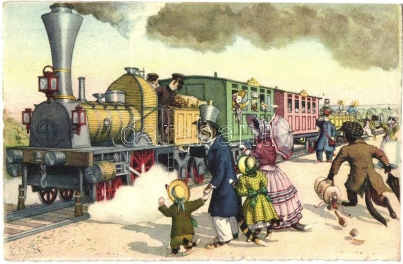 * T2/T3 Cats At The Railway Station, Locomotive. Alfred Mainzer. No. 4740. By Max Künzli - Modern Postcard (gluemark) - Non Classés