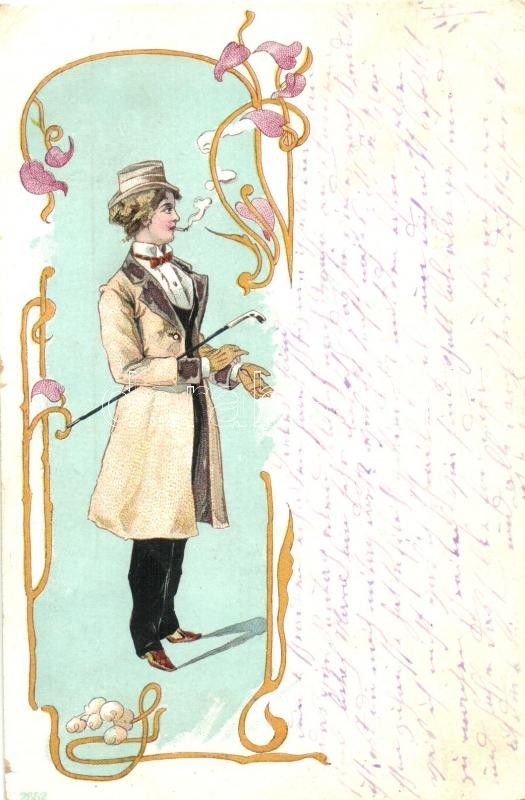 T2/T3 Cigarettázó Hölgy Férfi öltönyben / Smoking Lady In Gentleman Suit. Feminist Art Nouveau Litho (EK) - Unclassified