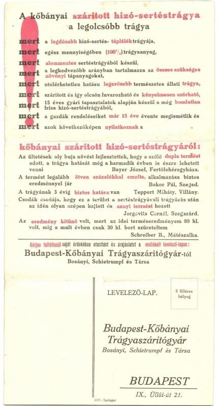 T2/T3 Bosányi, Schietrumpf és Társa Budapest-Kőbányai Trágyaszárítógyár Kinyitható Reklámlapja / Hungarian Fertilizer Dr - Non Classés