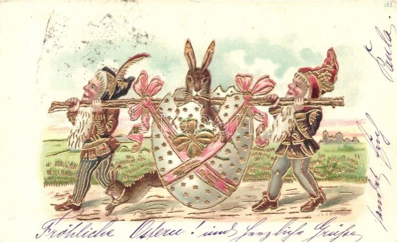 T2/T3 Húsvéti üdvözlet. Nyuszik Törpékkel / Easter Greeting Art Postcard. Dwarves With Rabbit In Egg; Golden Decoration  - Unclassified