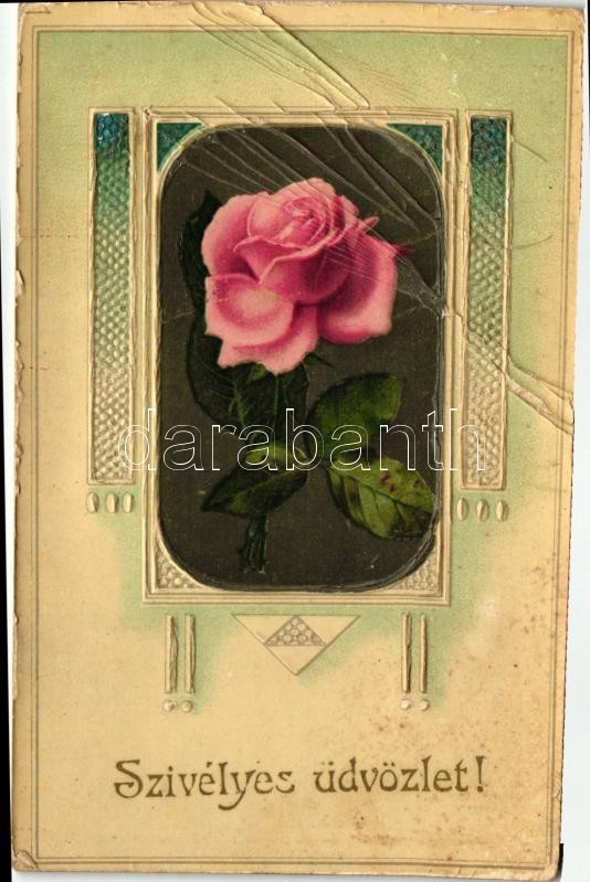 T3/T4 'Szívélyes üdvözlet!' Greeting Card, Rose Emb. Litho (fa) - Unclassified