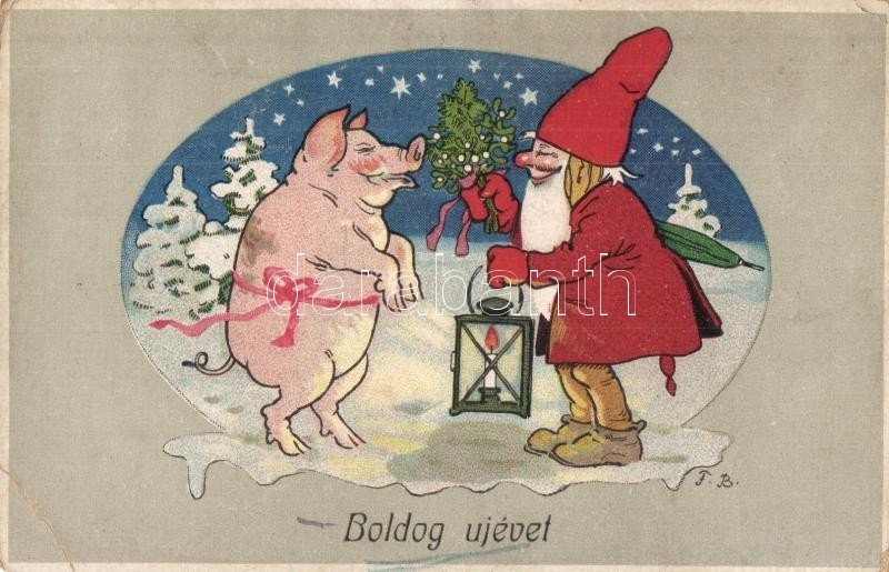 T2/T3 Boldog Újévet! / Santa Claus With Pig, New Year Greeting Card, Litho  (EK) - Unclassified