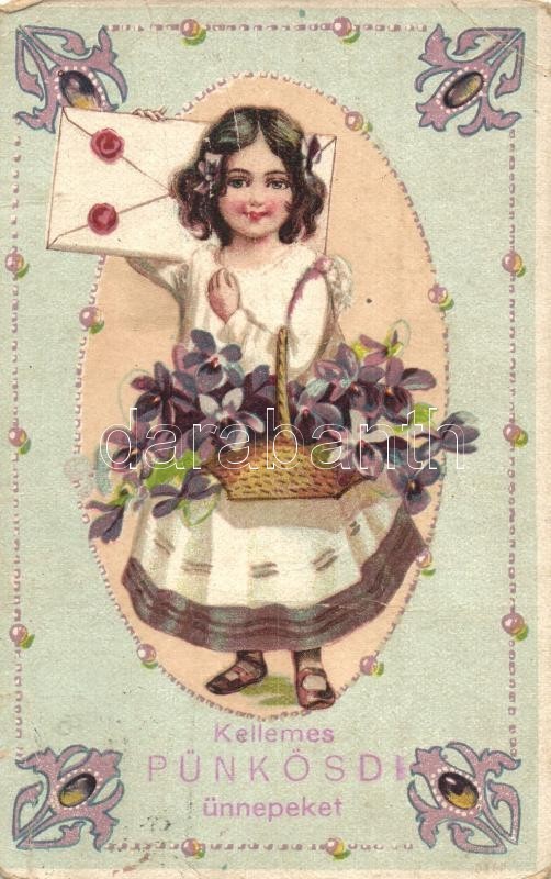 * T4 Kellemes Pünkösdi ünnepeket! / Pentecost Greeting Art Postcard, Girl, Floral, Art Nouveua, Litho (fa) - Non Classés