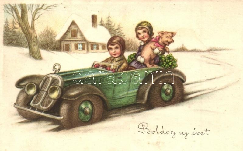 * T2/T3 Boldog Új évet / New Year Greeting Art Postcard, Children In Automobile. Amag 3263. - Non Classés