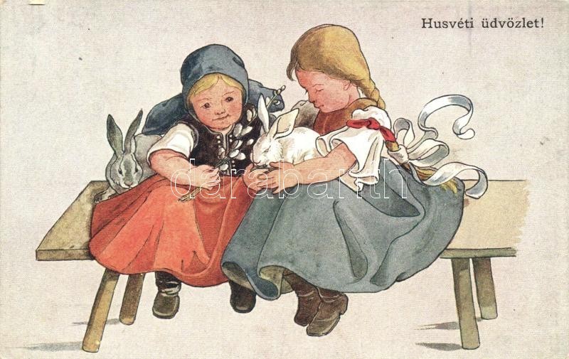 T2 Húsvéti üdvözlet / Easter Greeting Art Postcard, Girls With Rabbits - Unclassified