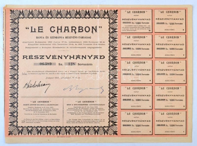 Budapest 1905. 'Le Charbon Bánya és Szénbánya Részvény-Társaság' Részvényhányada 'a Társasági Vagyon Egy Tizenkétezred R - Non Classés