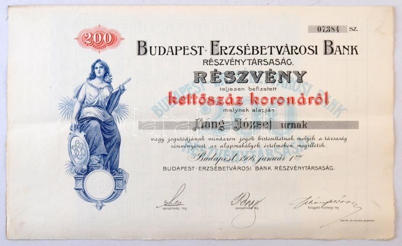 Budapest 1906. 'Budapest-Erzsébetvárosi Bank Részvénytársaság' Névre Szóló Részvénye 200K-ról, Szárazpecséttel és Szelvé - Non Classés