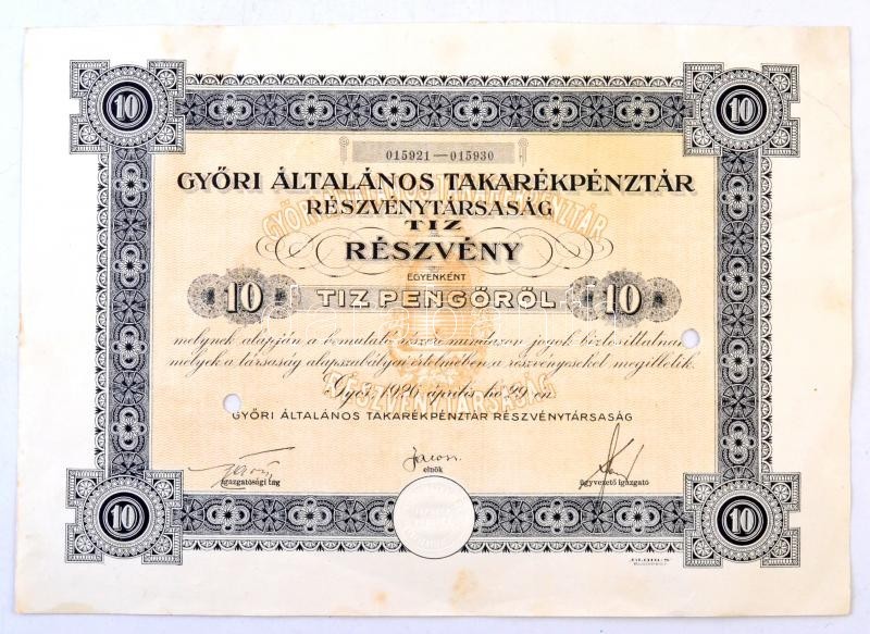 Győr 1926. 'Győri Általános Takarékpénztár Részvénytársaság' Tíz Részvénye Egyenként 10P-ről, Szárazpecséttel, Két Lyuka - Non Classés