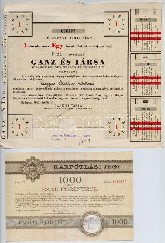 7db-os Vegyes értékpapír Tétel, Közte 1910. 'Magyar Korona Országai 4%-kal Kamatozó Járadékkölcsöne' 1991. 'Kárpótlási J - Non Classés