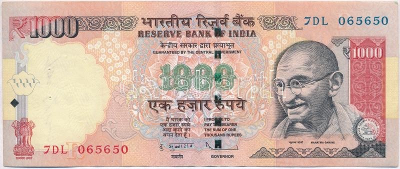 India 2013. 1000R T:II-,III Tűly.
India 2013. 1000 Rupees C:VF,F Needle Hole - Non Classés