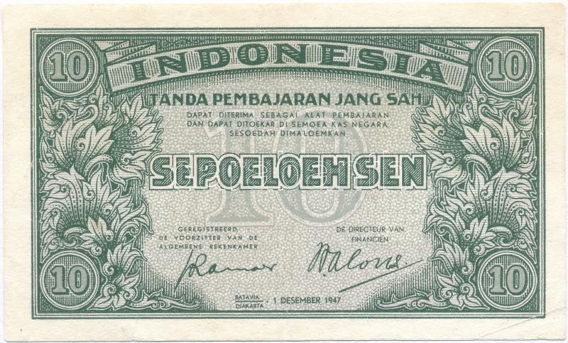 Indonézia 1947. 10s T:II-,III
Indonesia 1947. 10 Sen C:VF,F
Krause 31 - Non Classés