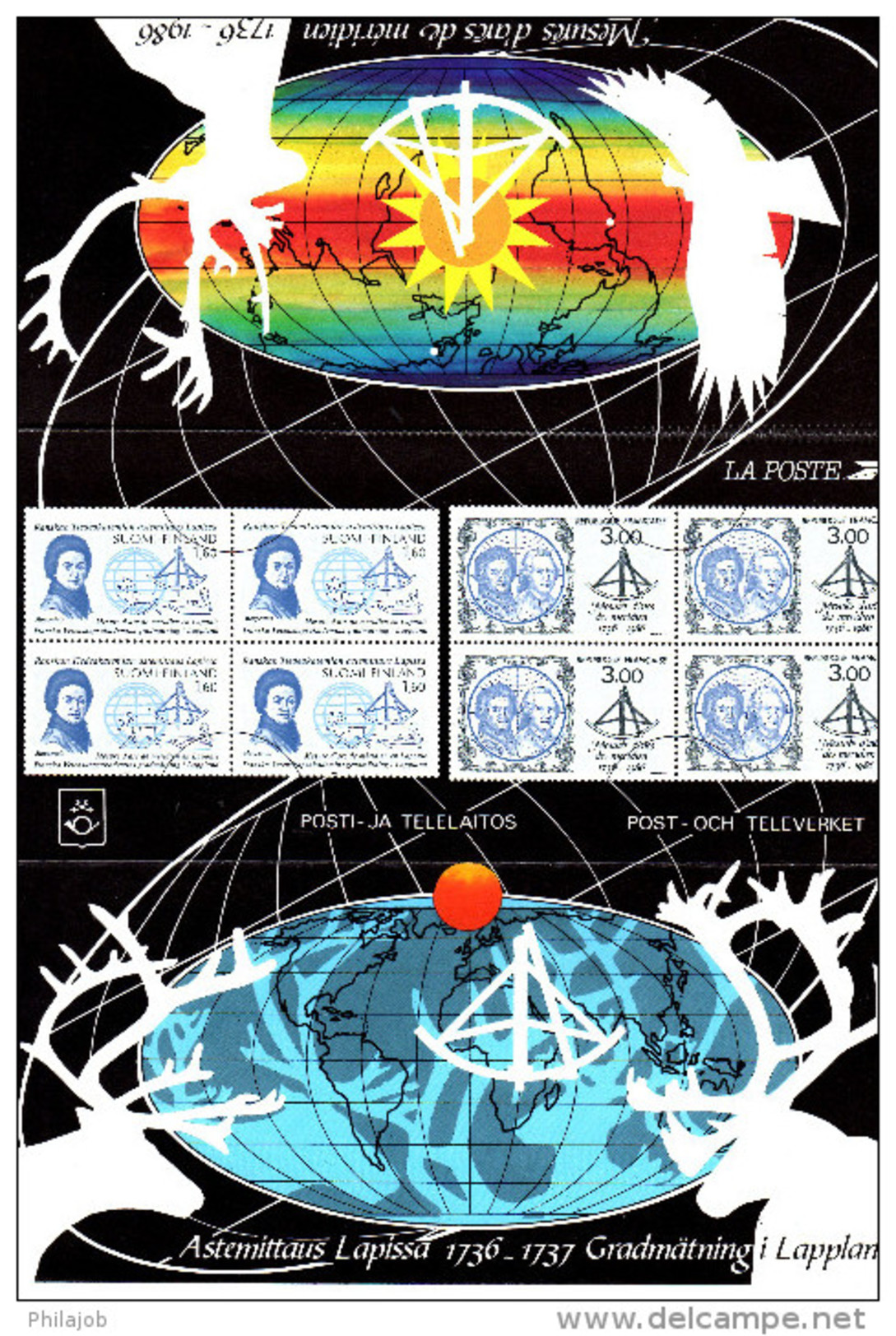 Emission Commune De 1986 " FRANCE / FINLANDE : MESURES D'ARCS DE MERIDIEN" . 4 X N°YT 2428 + Finlande 4 X N° YT 966 PPEC - Emissions Communes