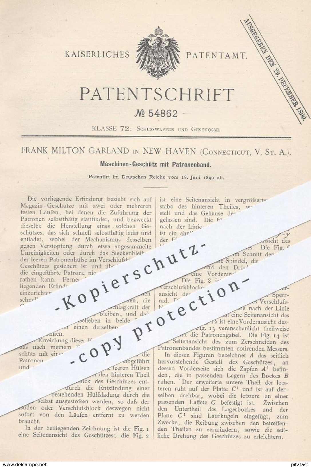 Original Patent - Frank Milton Garland , New Haven , Connecticut , USA , 1890 , Maschinen - Geschütz Mit Patronenband !! - Historical Documents