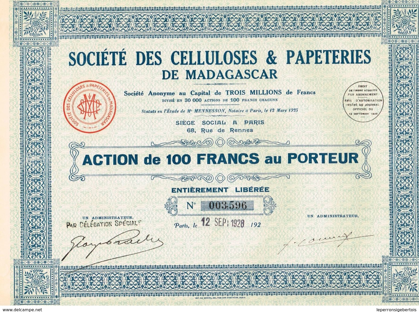 Action Ancienne - Sté Des Celluloses & Papeteries De Madagascar - Titre De 1928 - - Industrie