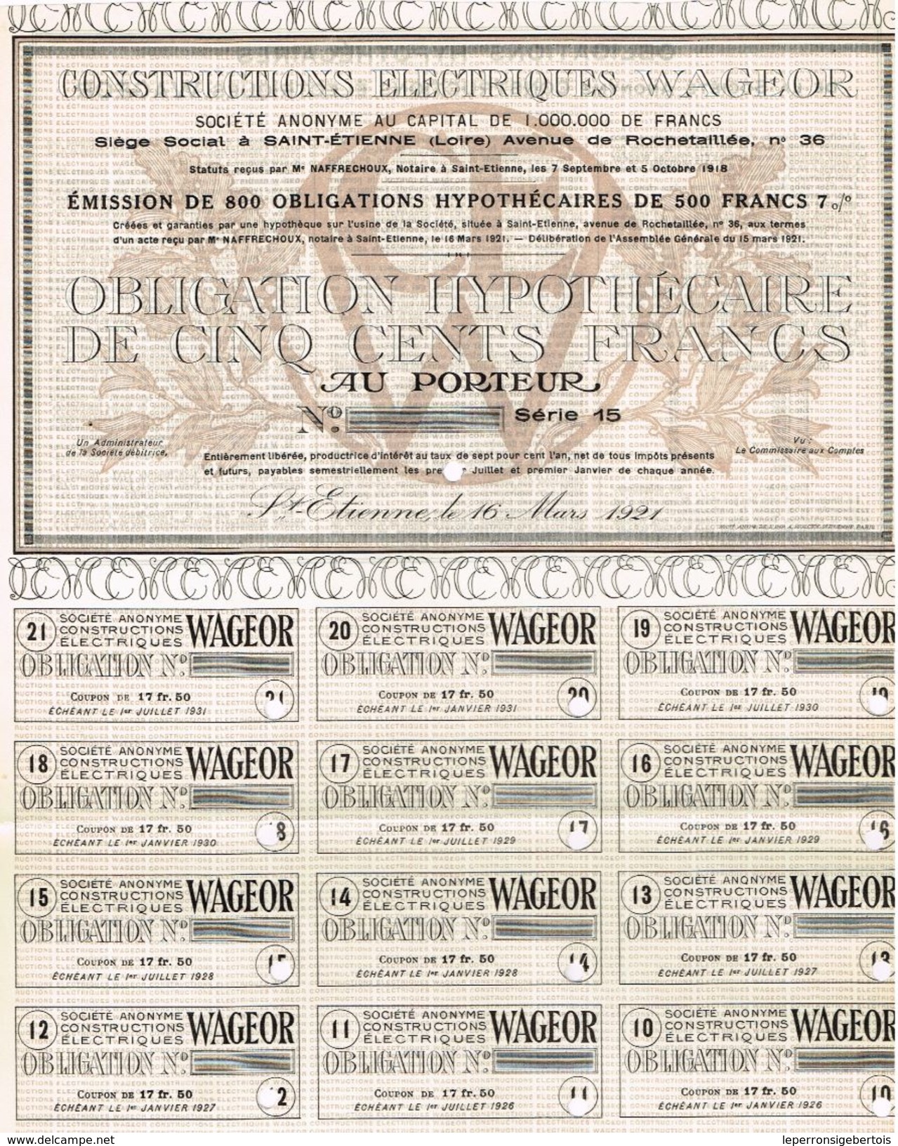 Obligation Ancienne - Constructions Electriques Wageor - Titre De 1921 - - Electricité & Gaz