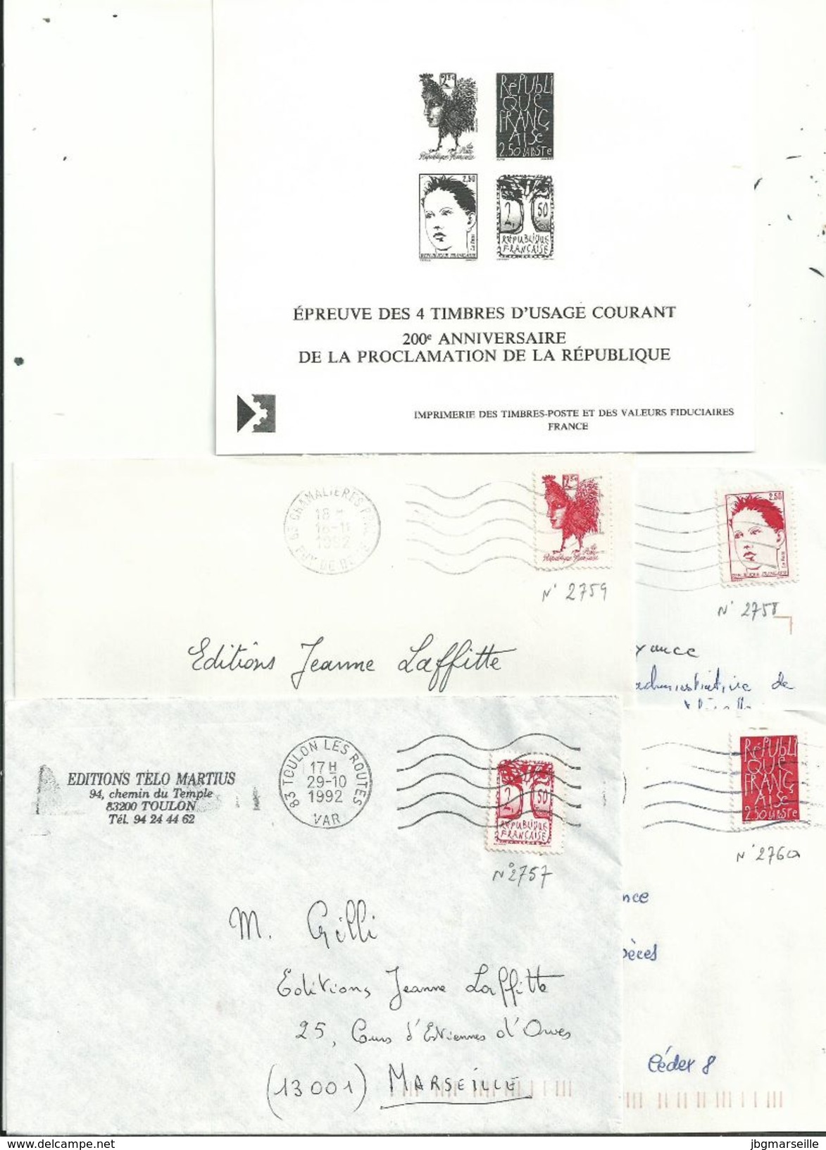 1 EPREUVE " Proclamation De La République" 1992 + 7 Lettres Affranchies Avec Ces 4 Timbres D'usage Courant.......à Voir - Epreuves D'artistes