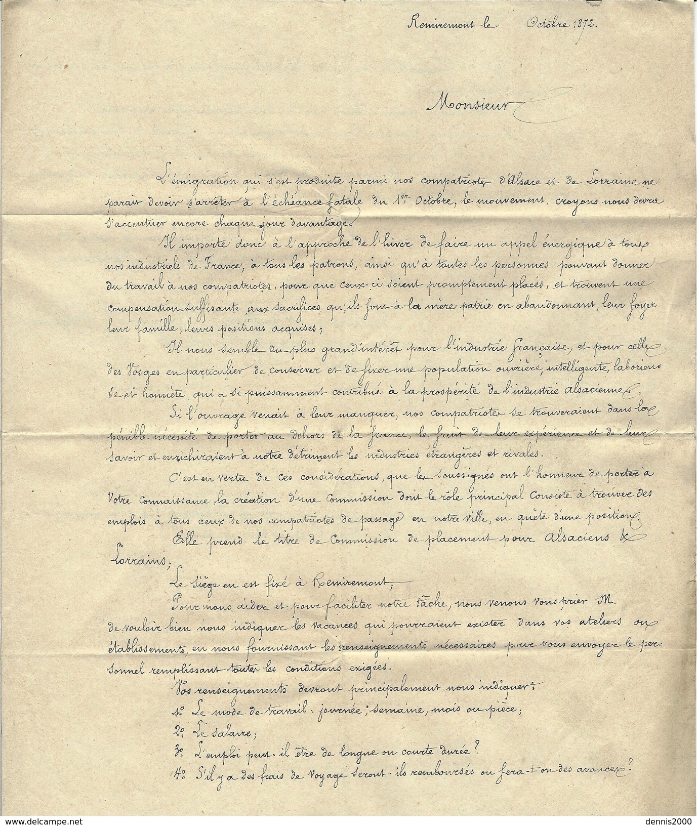 1872-  Circulaire Affr. N° 52 SEUL Oblit. Cad T17 De Remiremont - TEXTE Concernant Les "émigrés " D'Alsace -Lorraine " - 1849-1876: Periodo Classico