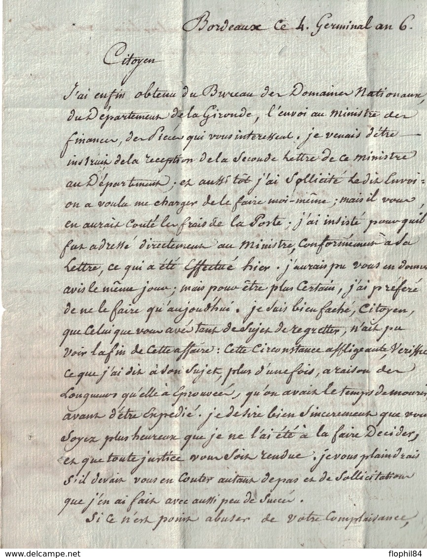 GIRONDE - BORDEAUX - LINEAIRE  LENAIN N°22- LETTRE AVEC TEXTE ET SIGNATURE LE 21-3-1798 - PERIODE CONSULAT (P1) - 1801-1848: Précurseurs XIX