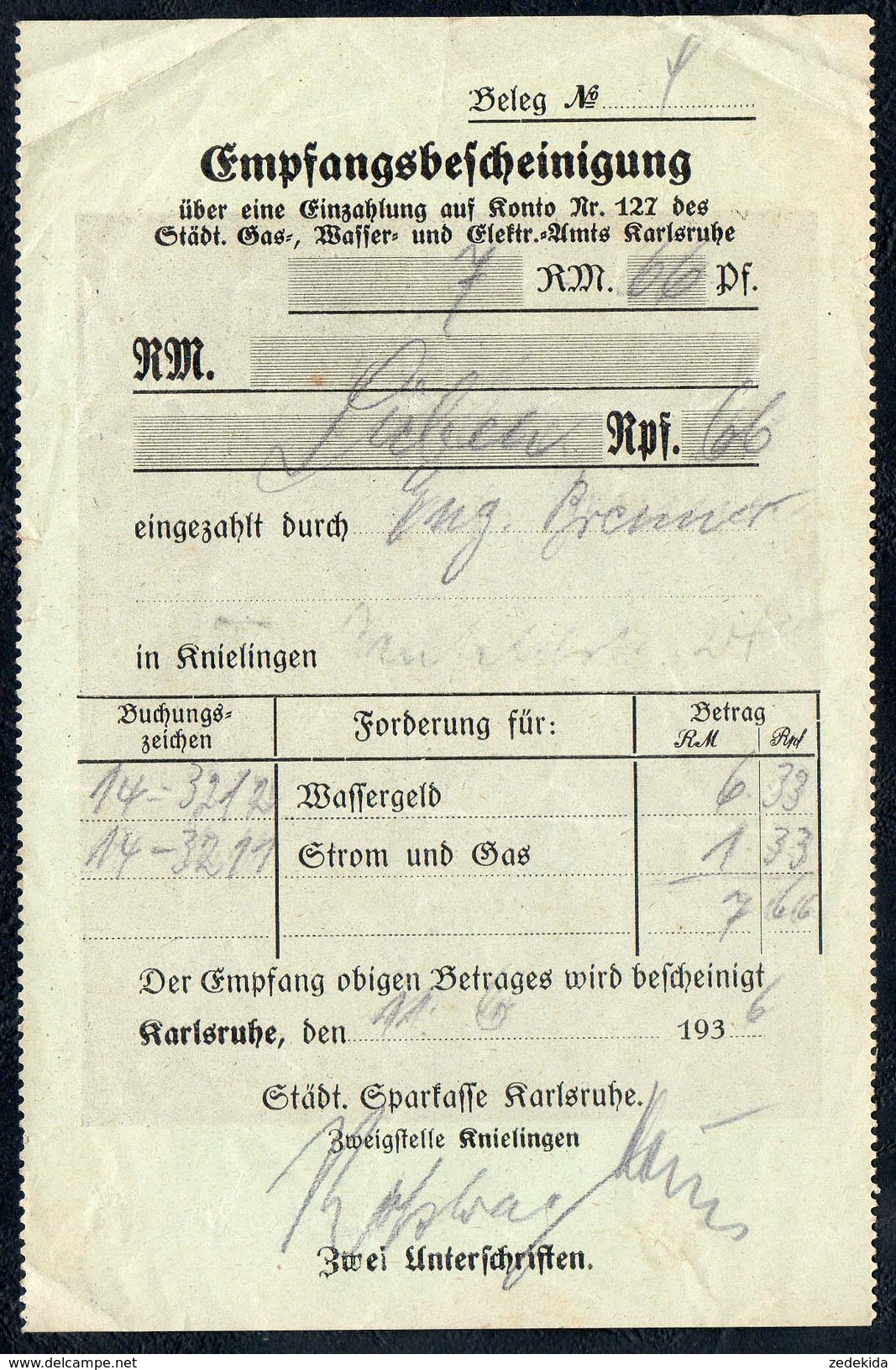 A8538 - Karlsruhe - Alte Rechnung Quittung - Gas Wasser Licht - 1936 - Elettricità & Gas