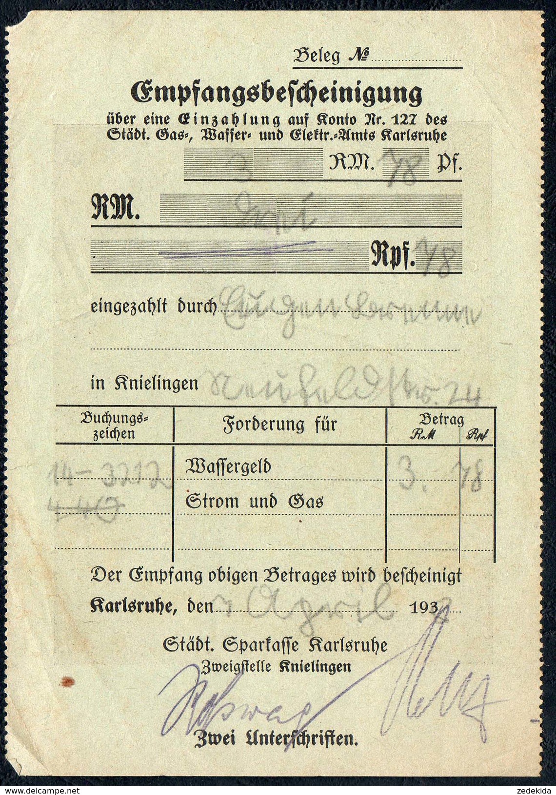 A8540 - Karlsruhe - Alte Rechnung Quittung - Gas Wasser Licht - 1938 - Elettricità & Gas