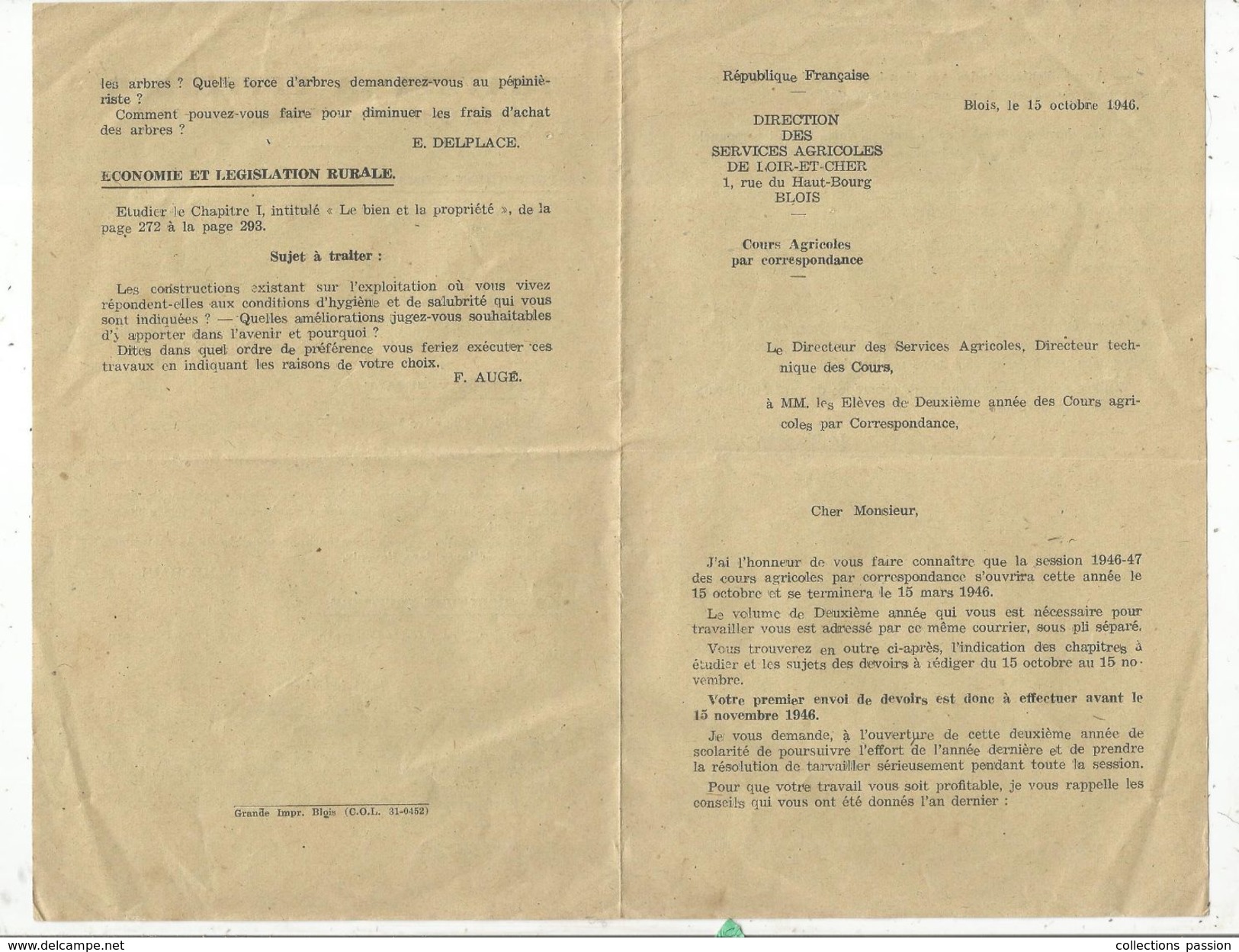 Cours Agricoles, Travaux à Effectuer, 4 Pages, 1946, Direction Des Services Agricoles De Loir Et Cher, BLOIS, 2 Scans - Ohne Zuordnung