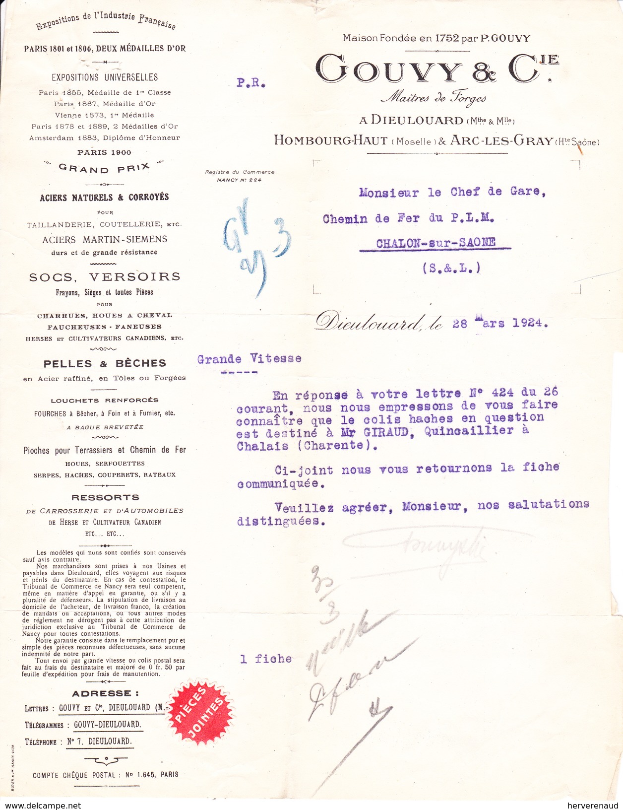 Lettre "Ets Gouvy" à Dieulouard (Meurthe-et-Moselle) (1924) - Unclassified