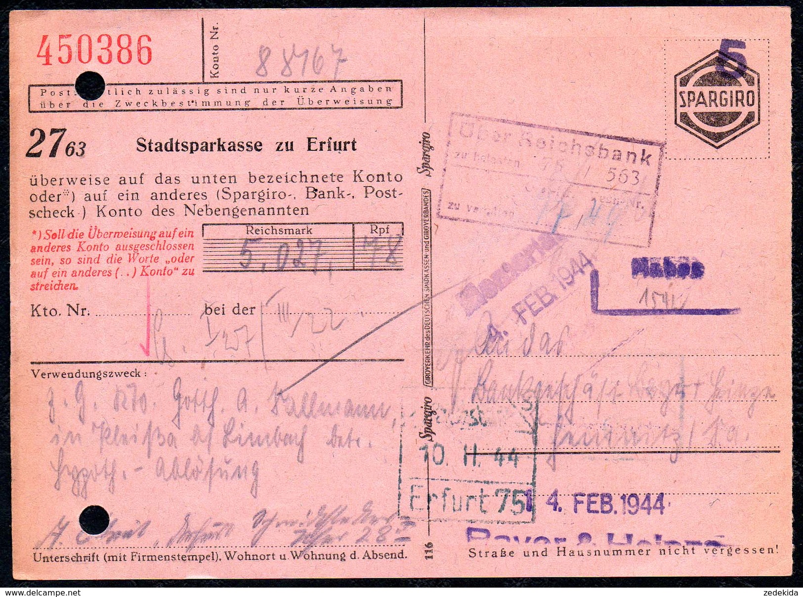 A8574 - Erfurt - Sparkasse - Rechnung Quittung 1944 Spargiro - Reichsbank Einzahlschein - Bank & Versicherung