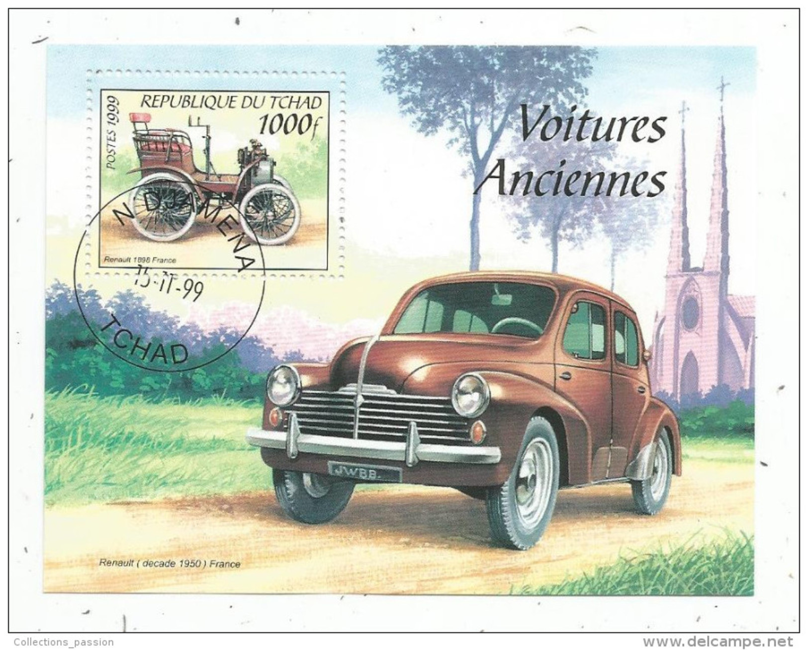 Timbre , Bloc , Voitures , Automobile , Tchad , Renallt Decade 1950 , Renault 1898 , France - Cars