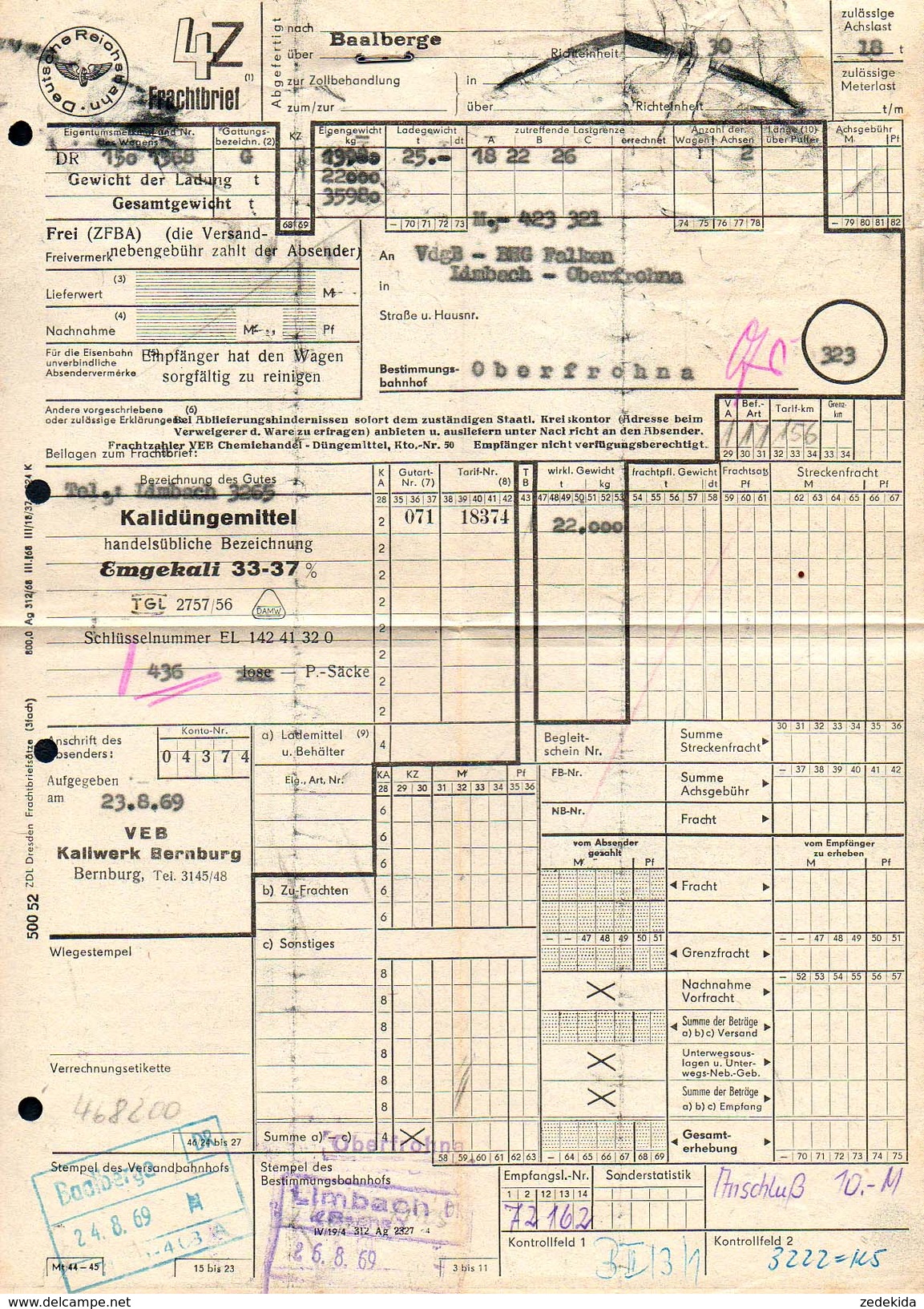 A8577 - Frachtbrief - Limbach Oberfrohna Baalberge 1969 - Rechnung - 1950 - ...